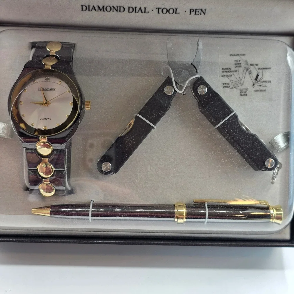 Hennessey Mens Gift Set Diamond Dial Watch Multi-tool w/ Pen Black Gold Tone New